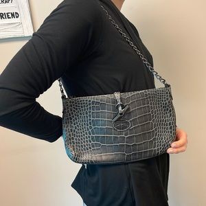 Longchamp Black Croco Leather Pouch Style with Chrome Chain Strap